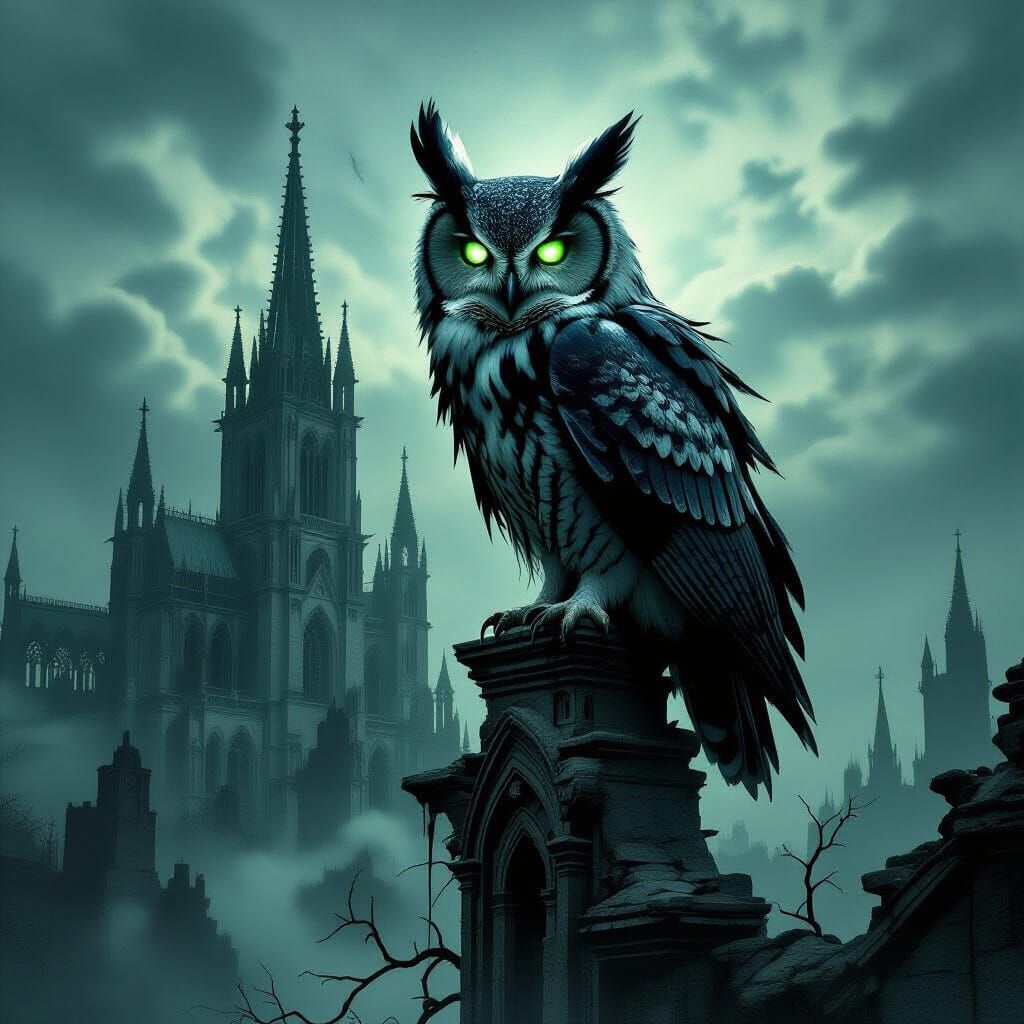 Gothic Owl Perched on Ruined Cathedral