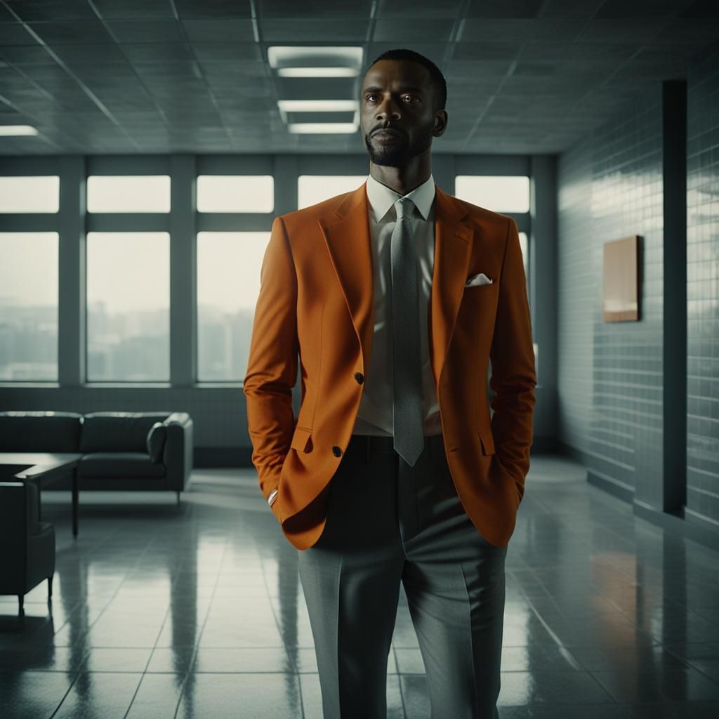 Moody Young Man in Orange Suit Standing in Gray Tiled Room