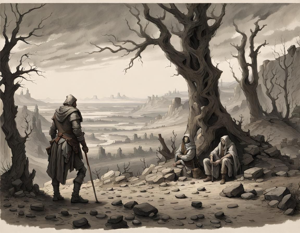 Knight and Beggar in Desolate Lithograph