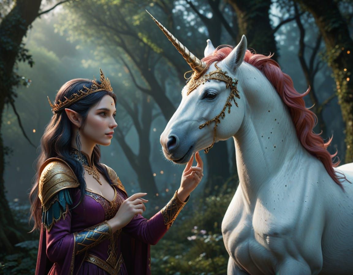Enchanted Elf Maiden Cares for Majestic Unicorn