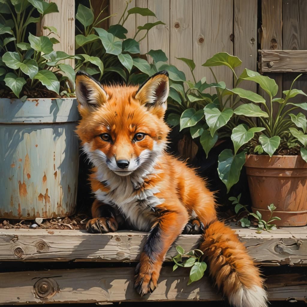 Fox Cub Asleep on Cabin Porch in Oil Painting Style