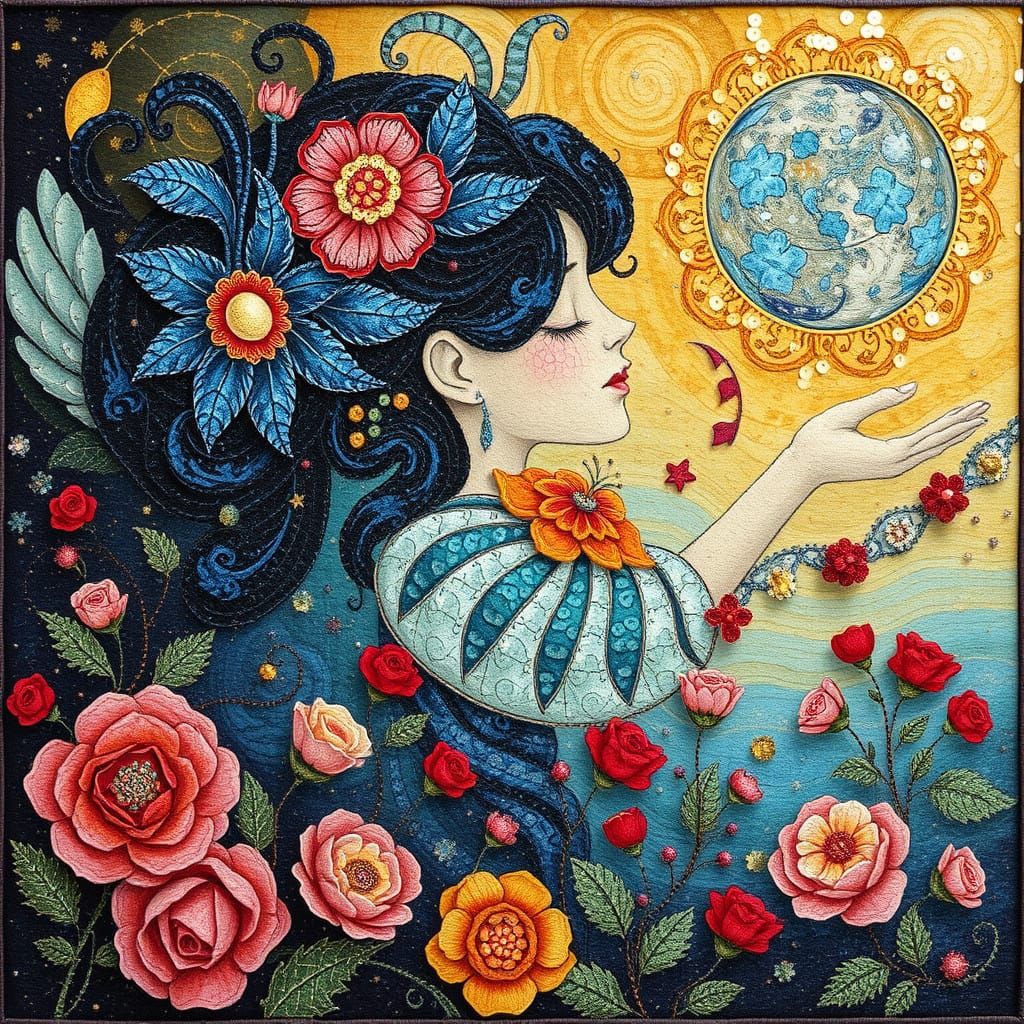 Surreal Floral Tapestry in Mixed Media Style