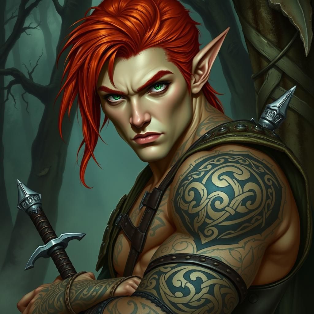 Red-Haired Elf with Celtic Tattoos in Misty Forest