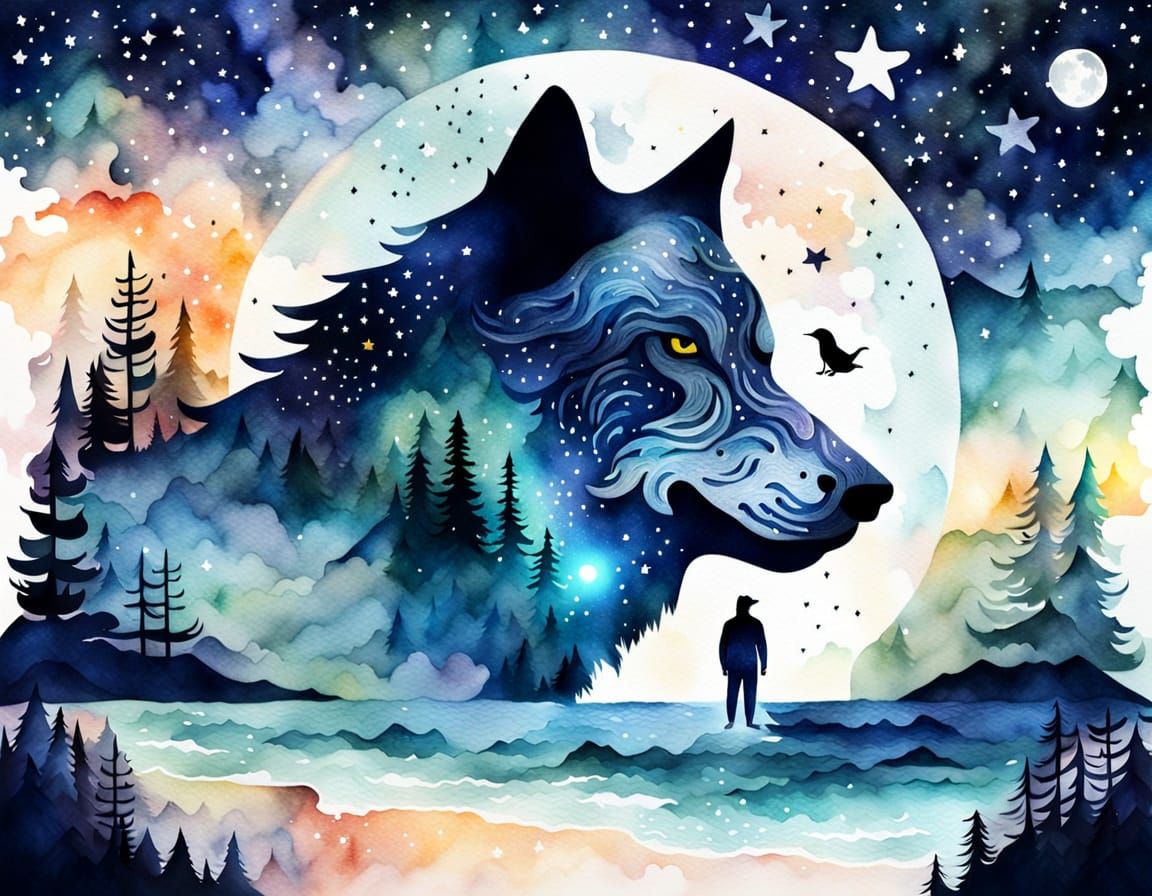 Surreal Watercolor Werewolf Dreamscape with Overlapping Scen...