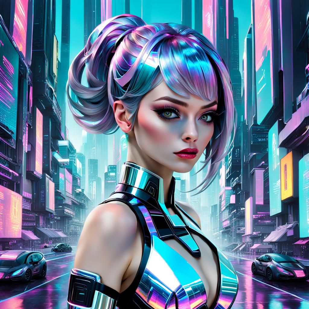 Gorgeous Cybergirl in Holographic Cyberpunk City