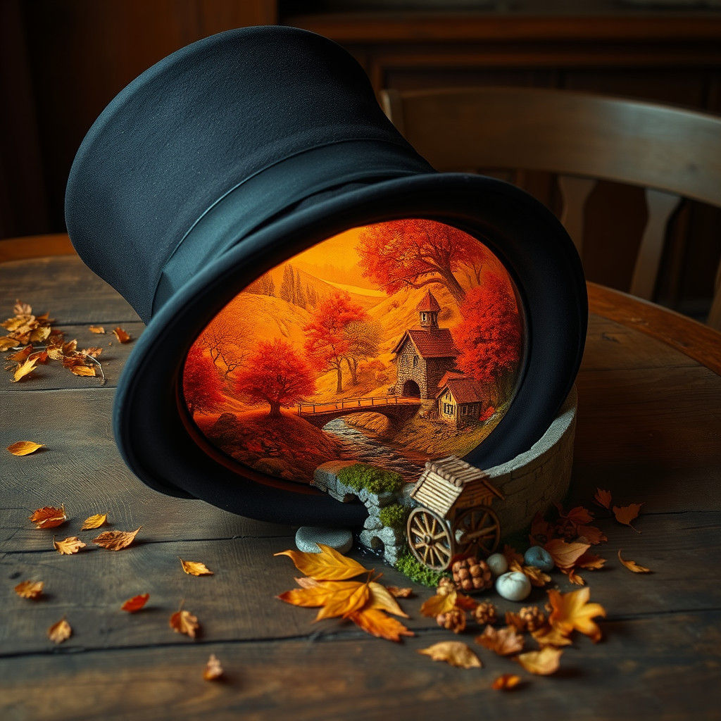Miniature Autumn Village Inside Victorian Top Hat