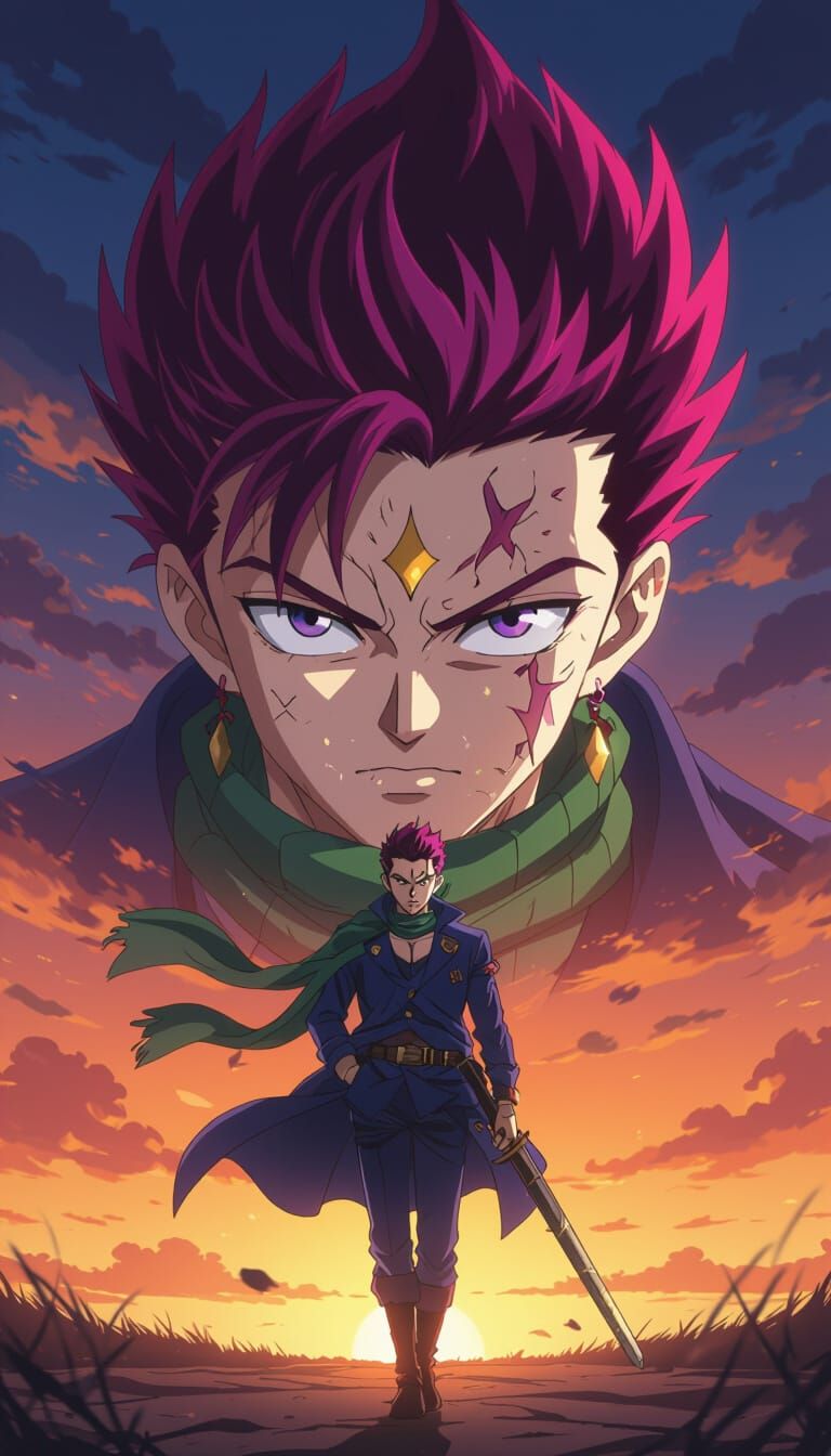 Anime Warrior with Magenta Hair and Sword