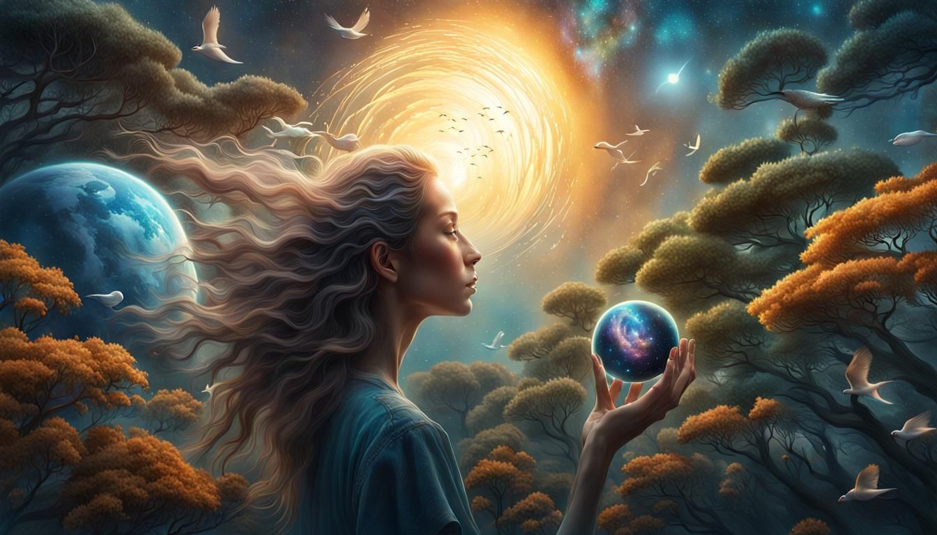 Woman Holds Galaxy in Surreal Universe, Detailed Render