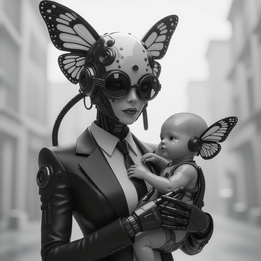 Cyborg Octopus Woman with Baby in Futuristic Style