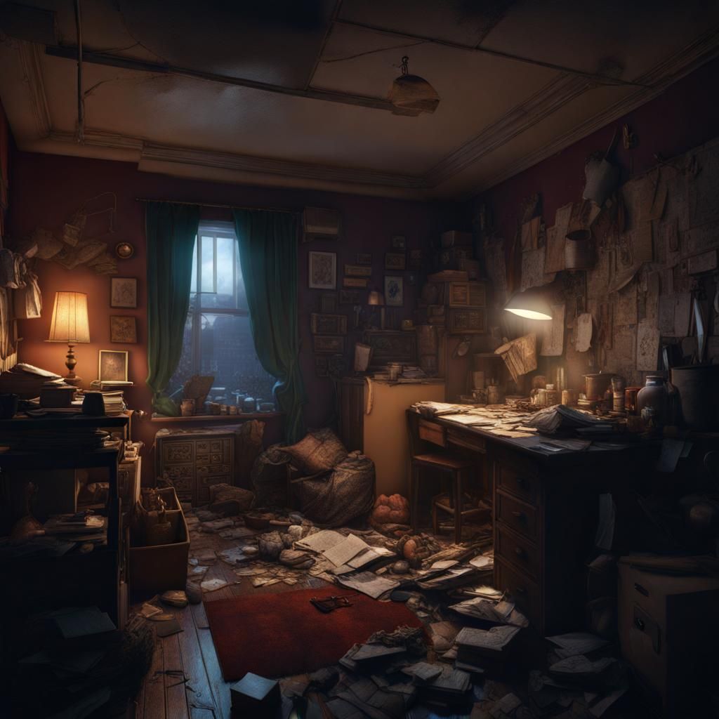 the interior of a dimly lit, cluttered apartment, where a person in disarray stares at an eviction notice, overwhelmed b...