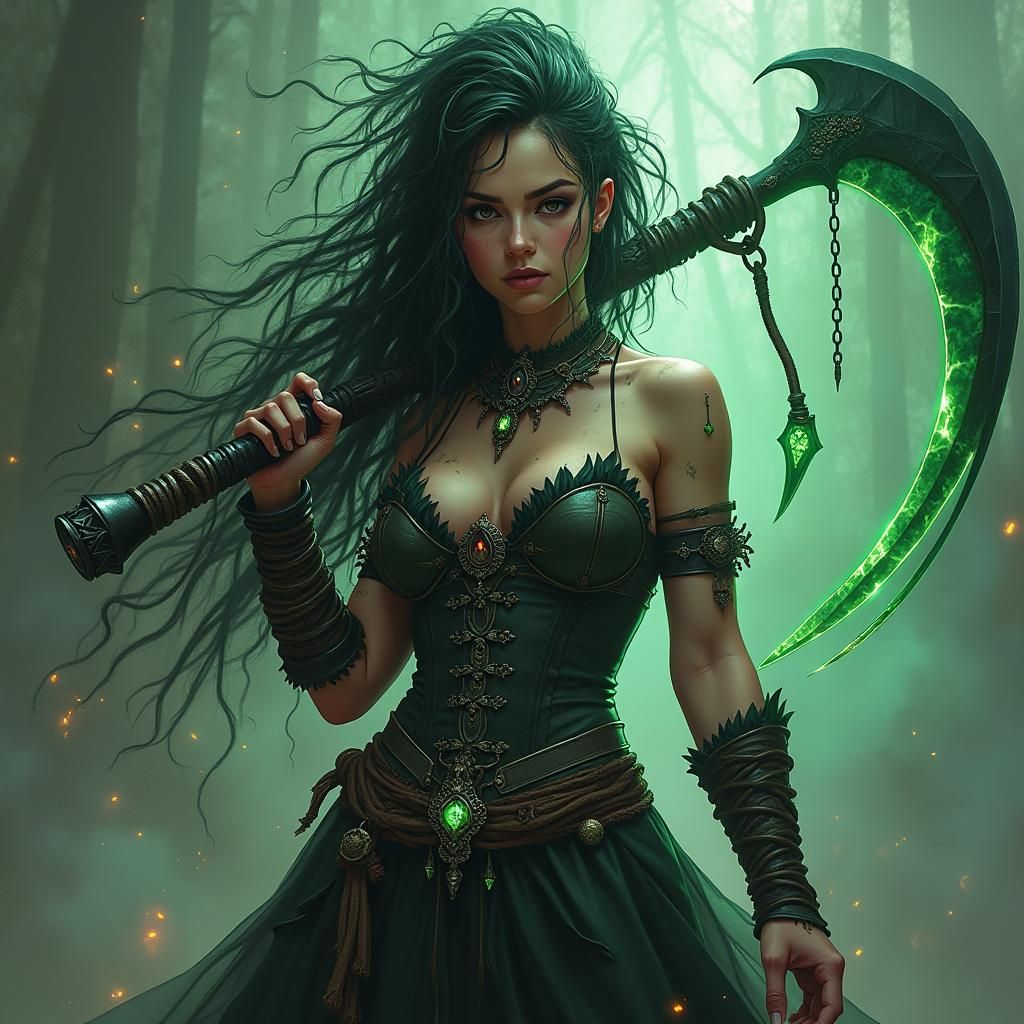 Charcoal Fire Genasi Wielding Scythe in Anime Style