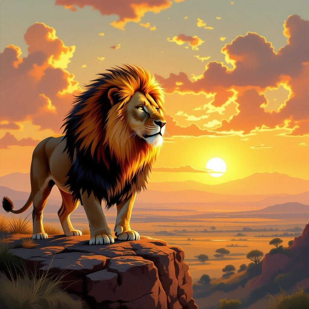 Fiery Lion Overlooking Savannah: Digital Art