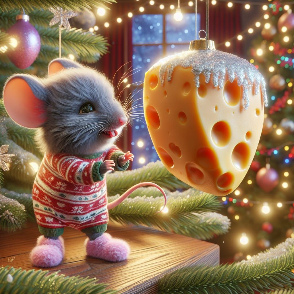Adorable Fuzzy Mouse Enjoys Christmas
