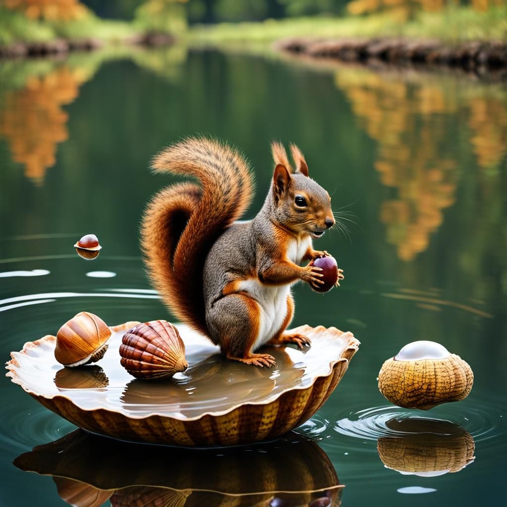 Squirrel Rides Acorn Shell Boat