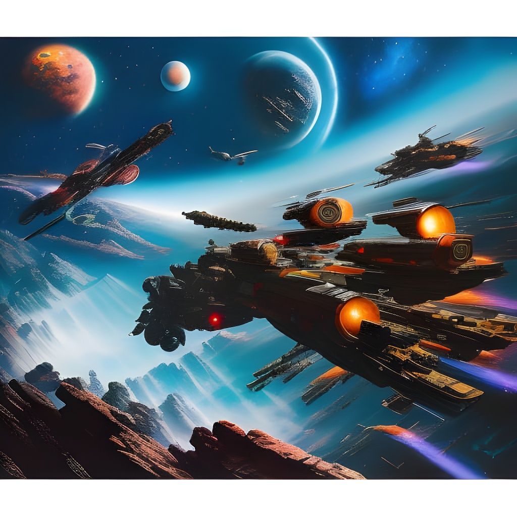 Spaceships Explore Deep Space in Gouache Painting