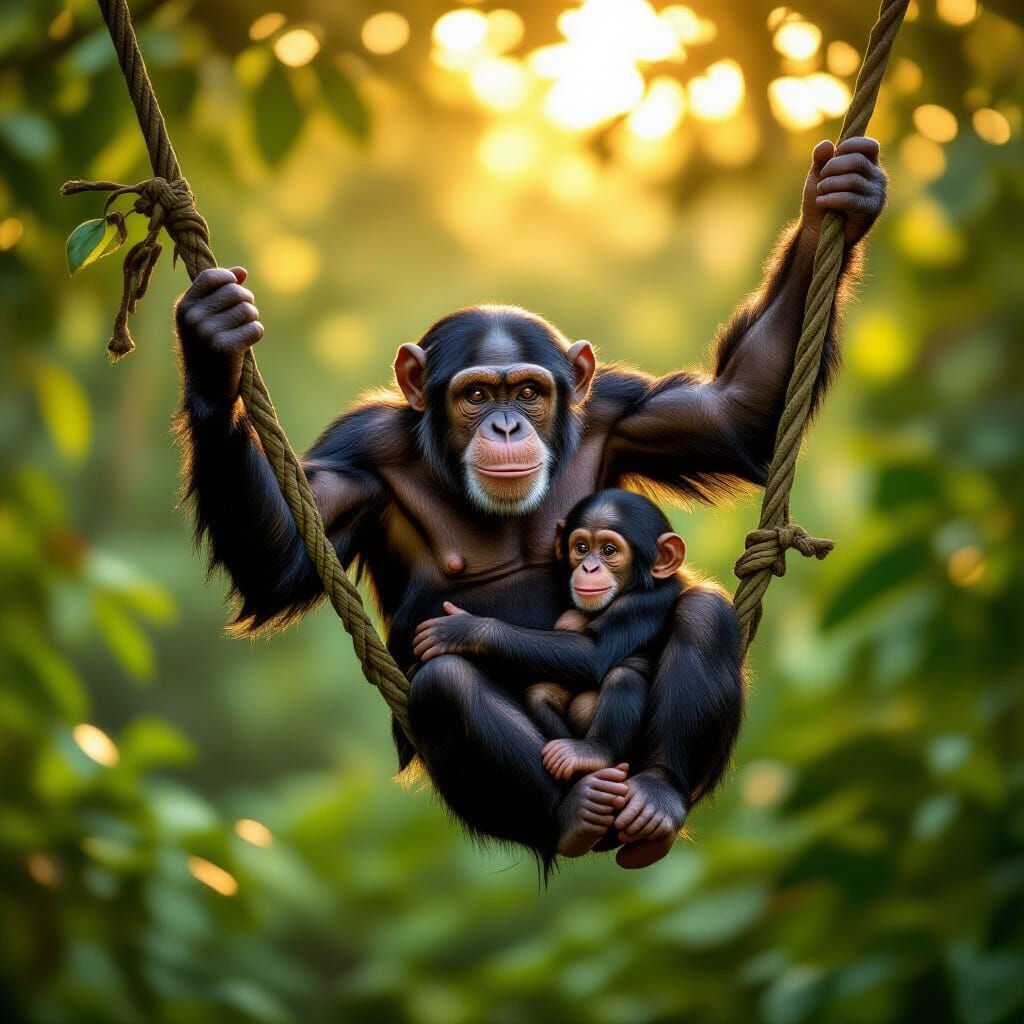 Chimpanzee Mother and Baby Swinging Through Jungle