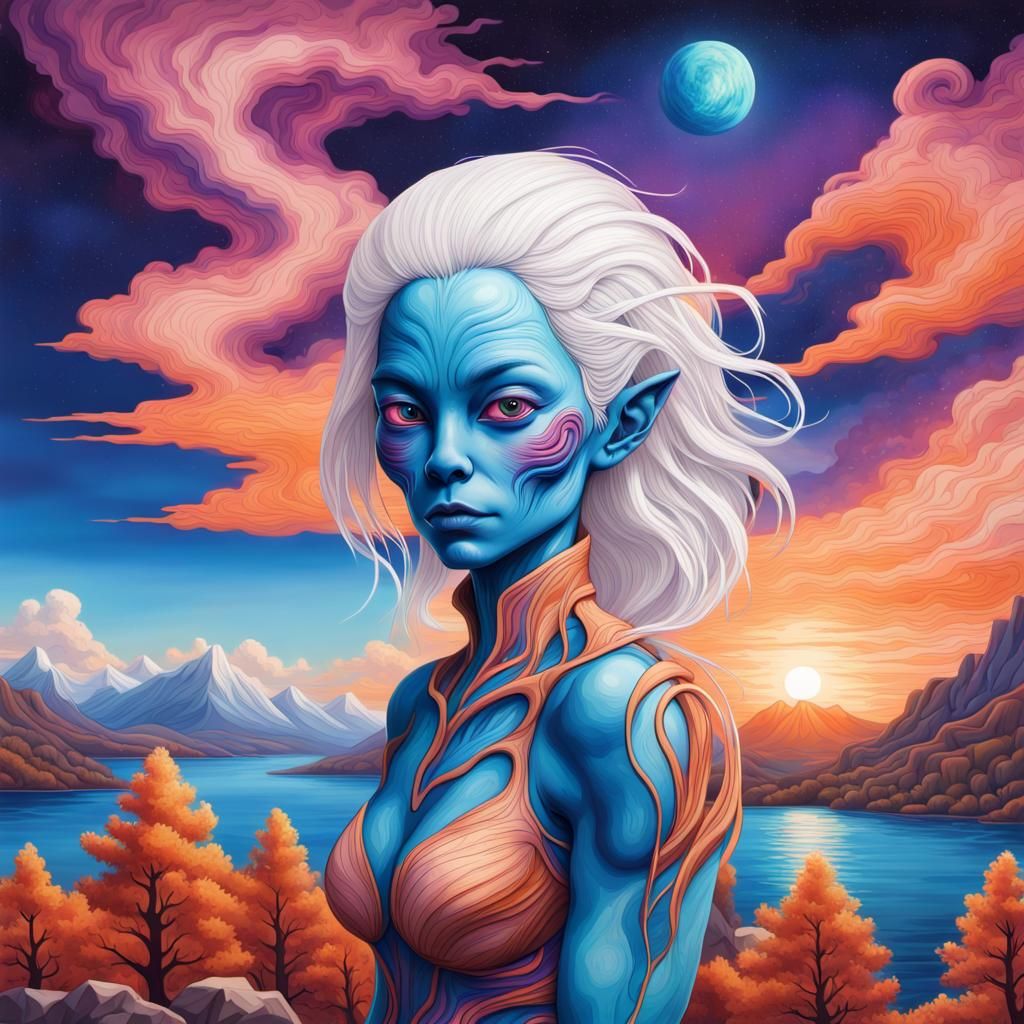 Blue Alien Queen in Pyrography Style Landscape