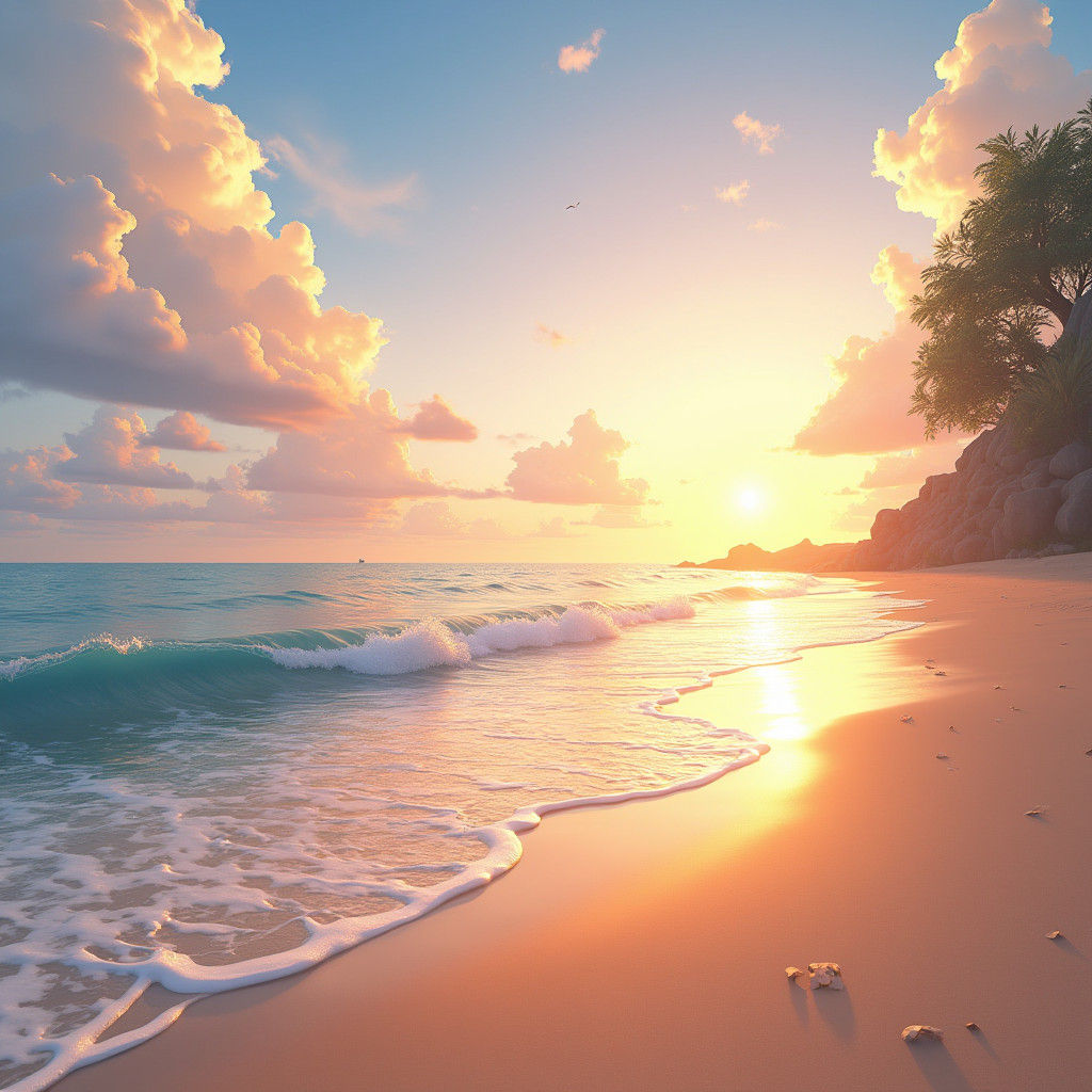 Golden Beach Scene in Anime Style, 8k