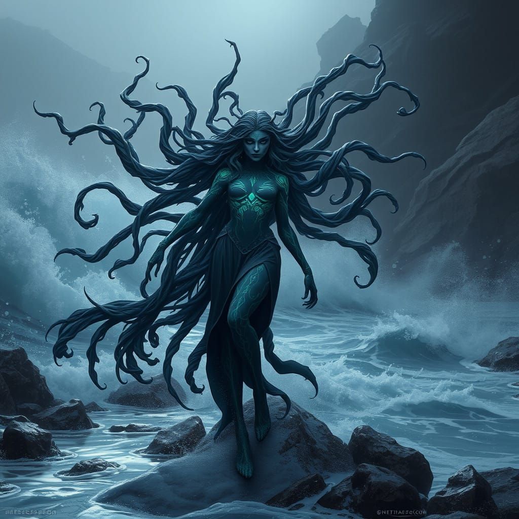 Dark Enchantress Amidst Crashing Waves in Vibrant Fantasy Sc...