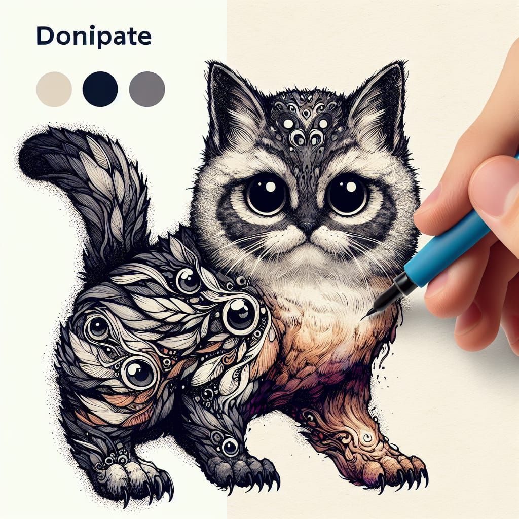 Whimsical Owl Cat Hybrid in Vibrant Ink Watercolor