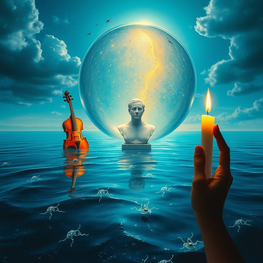 Surreal Ocean Reflecting a Burning Violin in Dreamlike Style