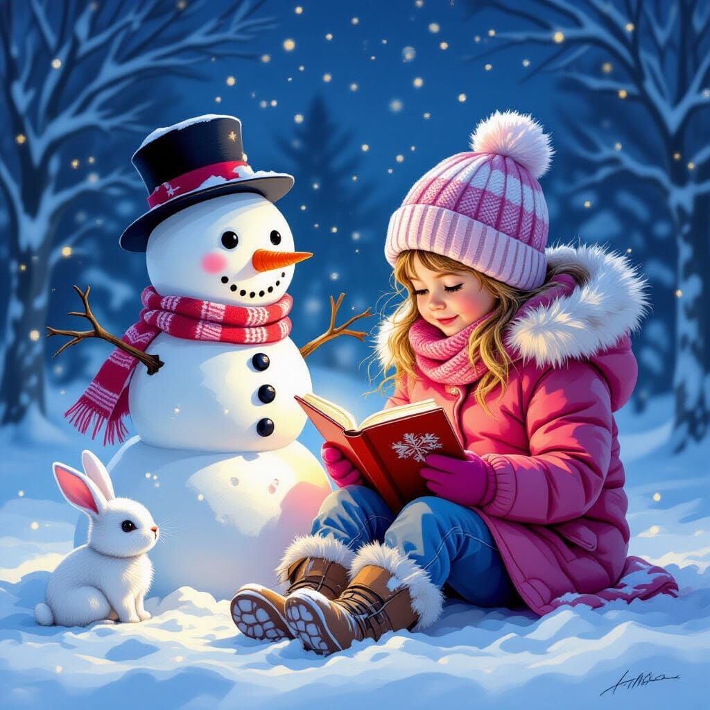 Girl Reads to Snowman in Comic Book Style