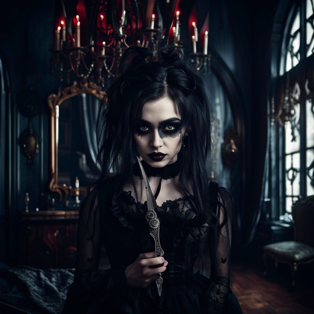 Sad Gothic Girl with Scissors in Noir Bedroom