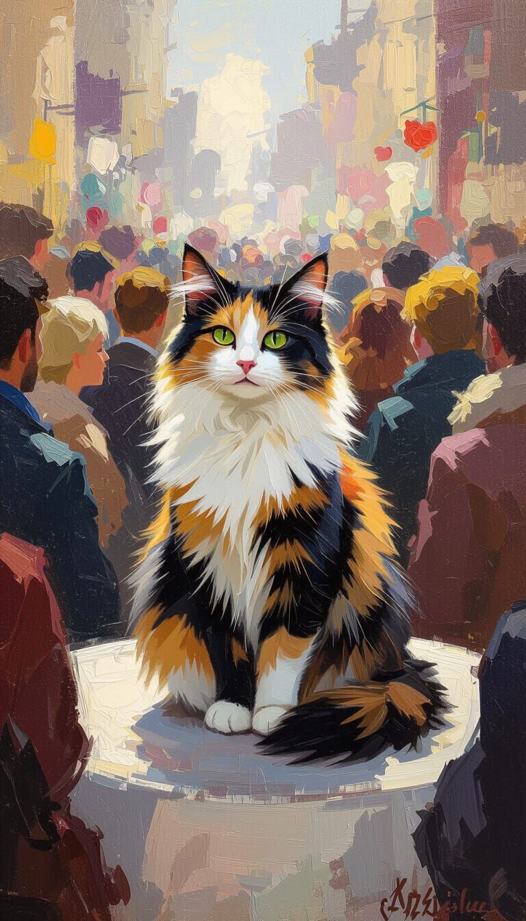 Calico Cat Zen Master in Bustling Crowd Oil Painting