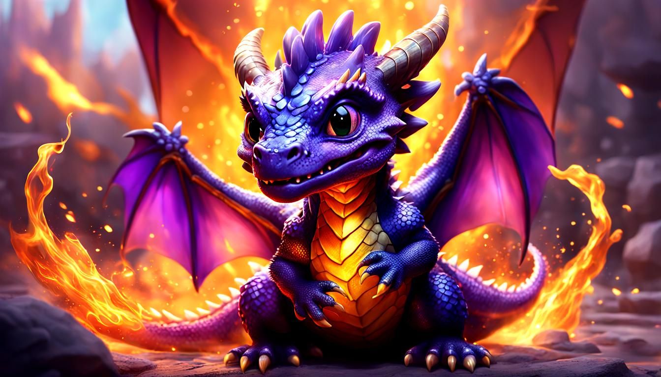Chubby Purple Dragon's Fiery Breath: Hyperrealistic CG Art