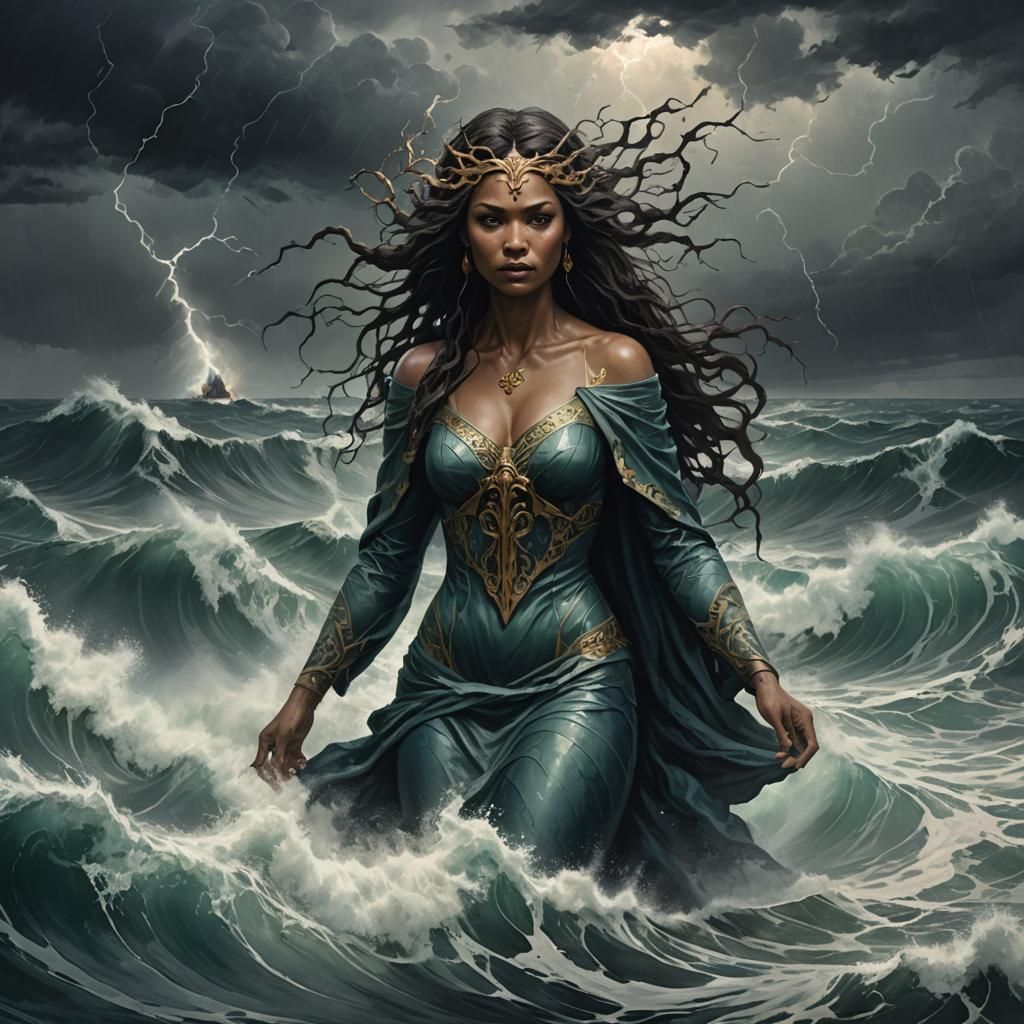 Sea Goddess in Stormy Ocean, Dark Fantasy Art