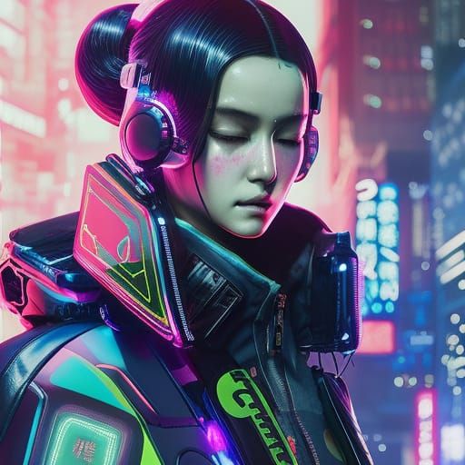 Neon Cyberpunk Girl Portrait with Japanese Ornaments