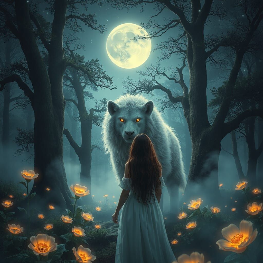 Ethereal Beast and Woman in Moonlit Forest