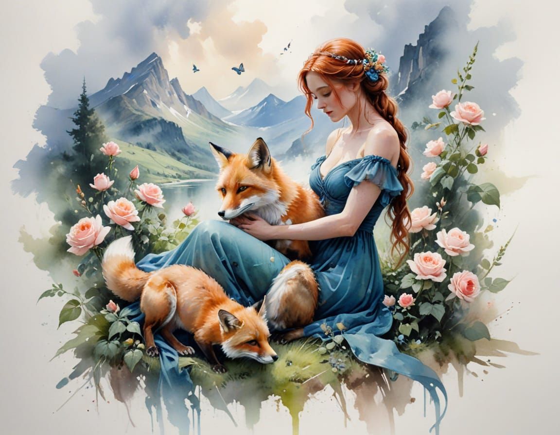 Woman with Fox in Rose Garden, Painterly Realism