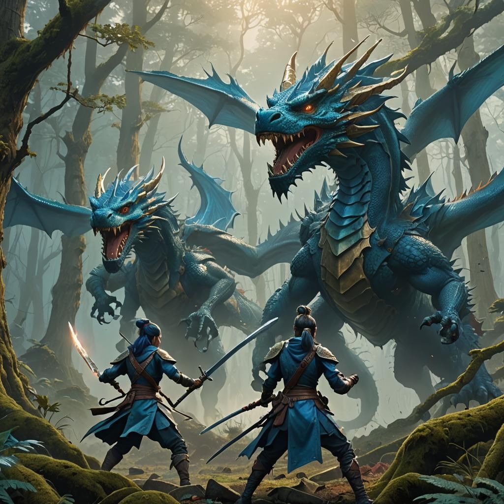 Blue Dragon Girl Swordsman in Misty Forest
