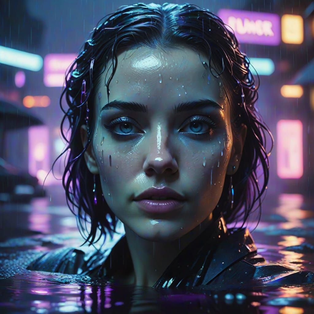 Gentle Cyborg Goddess in Neon Noir Haze