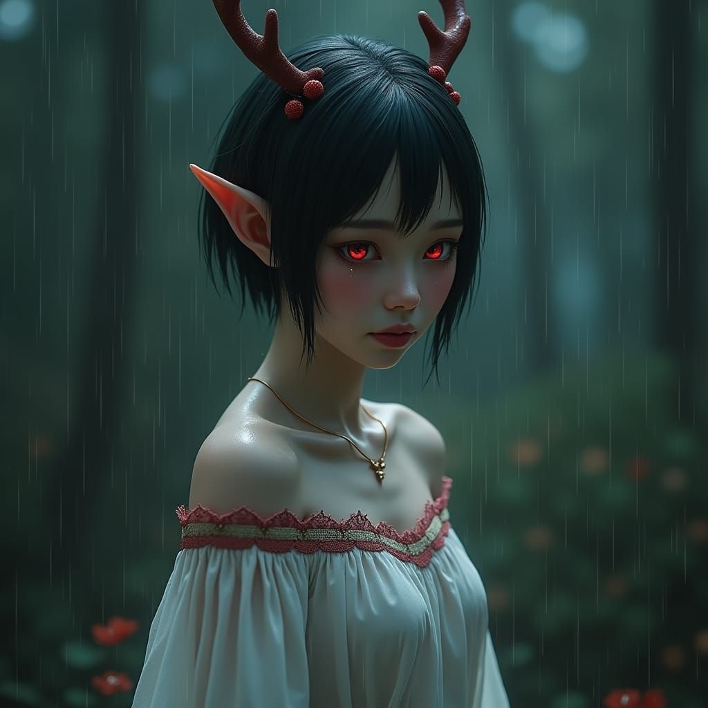 Mournful Elf Maiden in Rain: Matte Painting