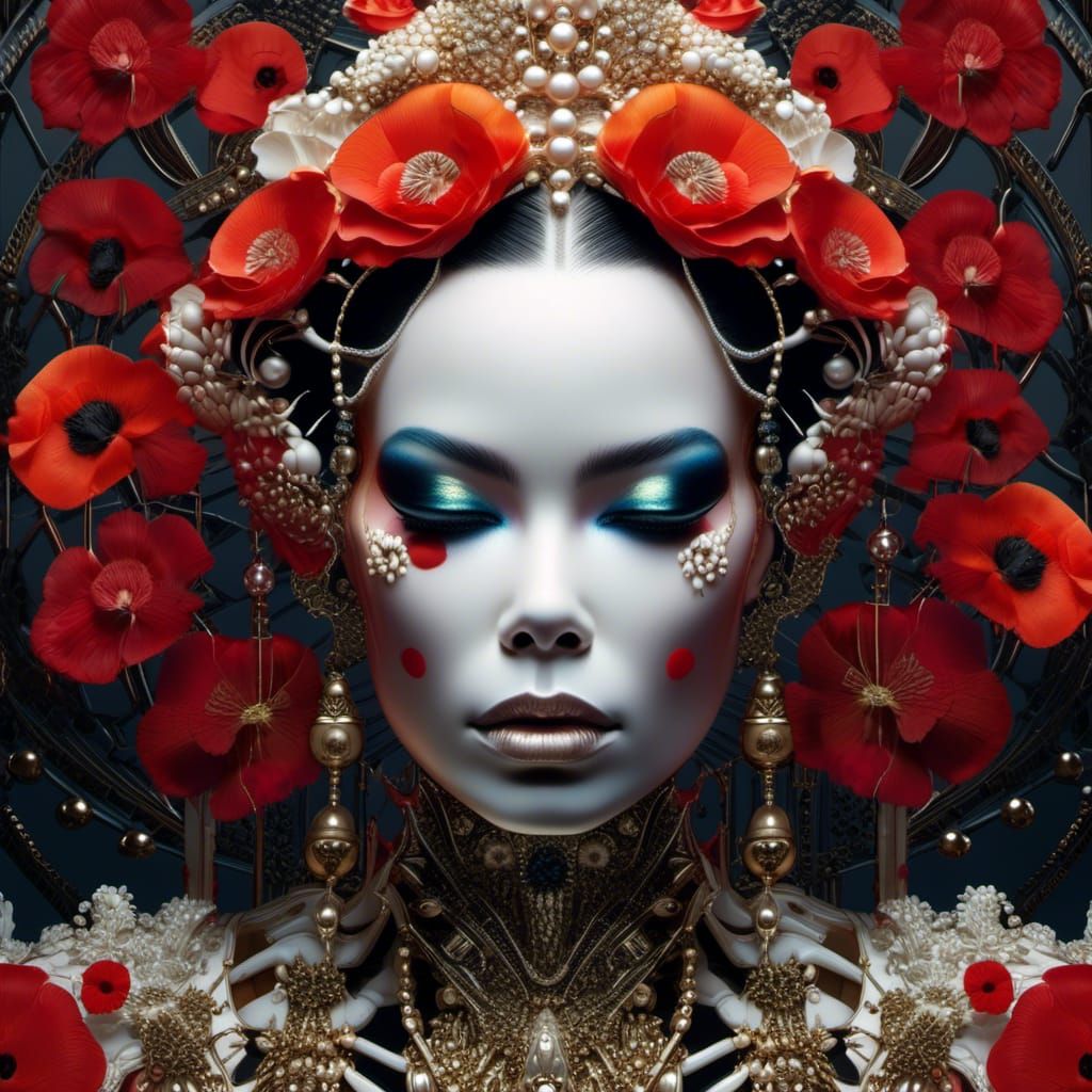 A fantasy undead skeletal face Bjork, highly detailed clothes adorned with laces and floral elements, luxurious laces, b...