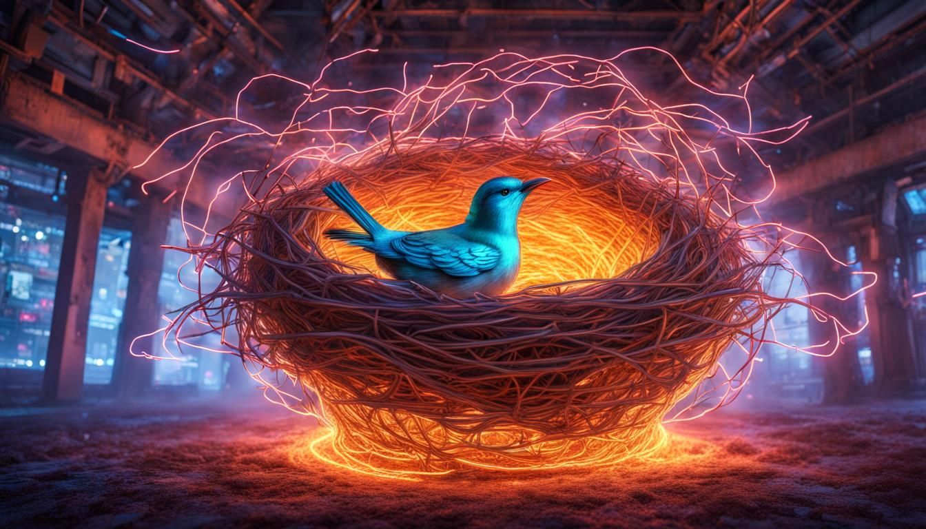 Neon Wire Bird Nest: Intricate Fantasy Photography