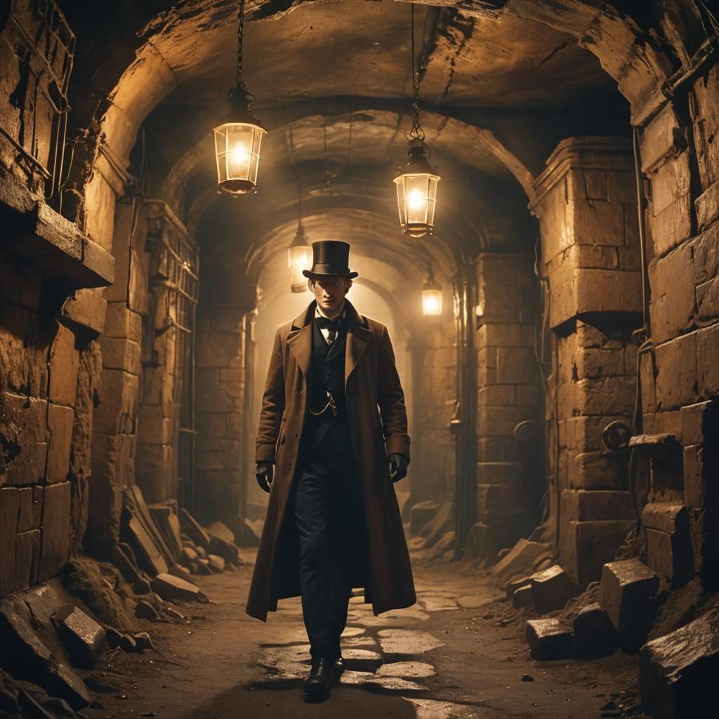 Steampunk Gentleman Explores Mysterious Chamber in Watercolo...