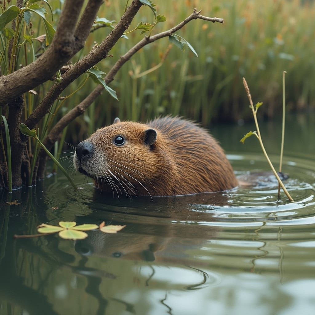 Serene Beaver in a Tranquil Pond Landscape