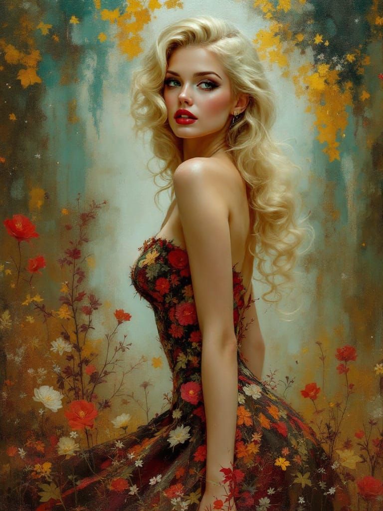 Blond Pin-Up Woman in Autumn Dress