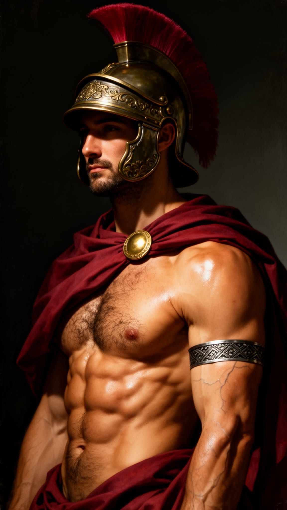 Muscular Warrior in Red Cloak and Bronze Helmet