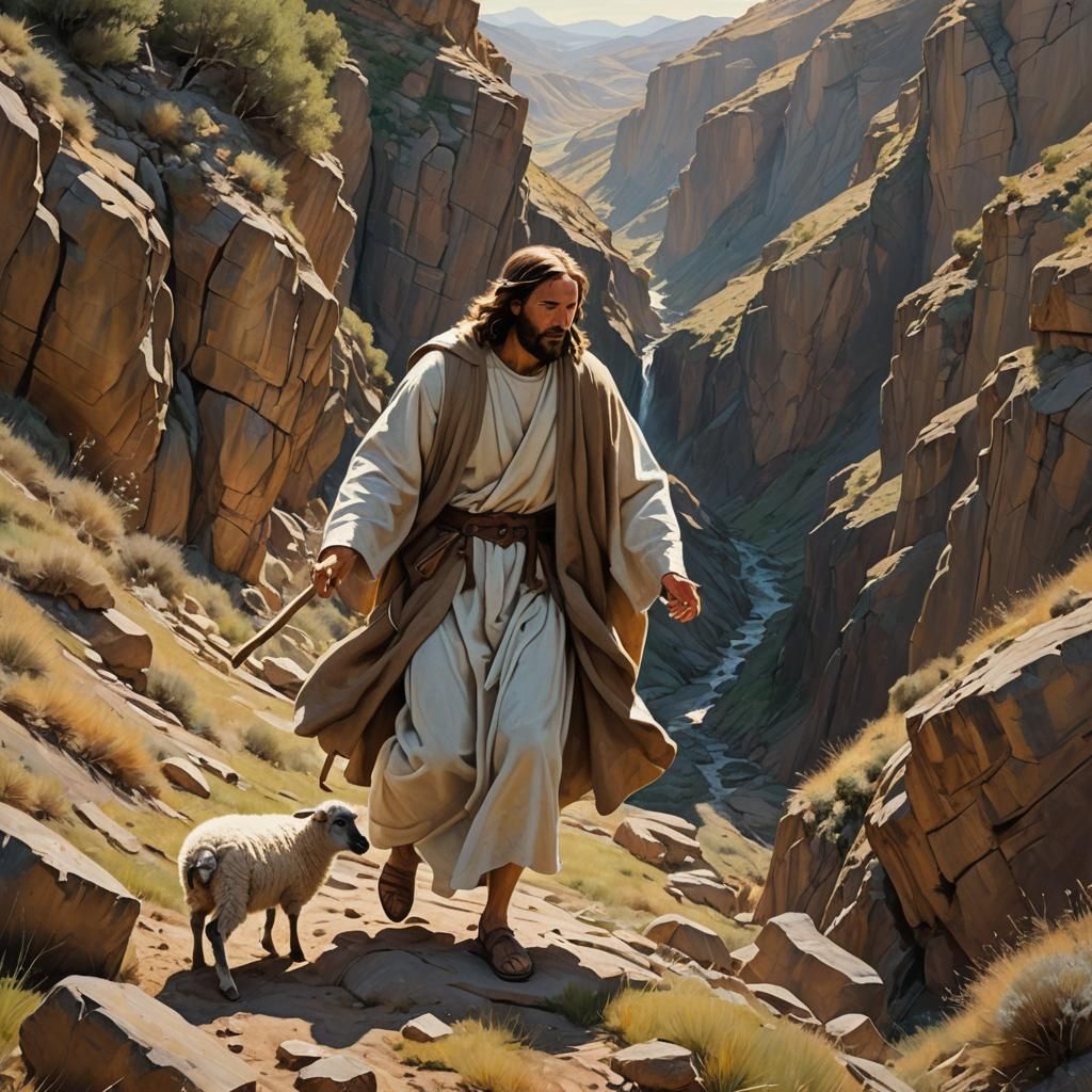 Jesus Christ Shepherd Saving Sheep, Impasto Oil Painting