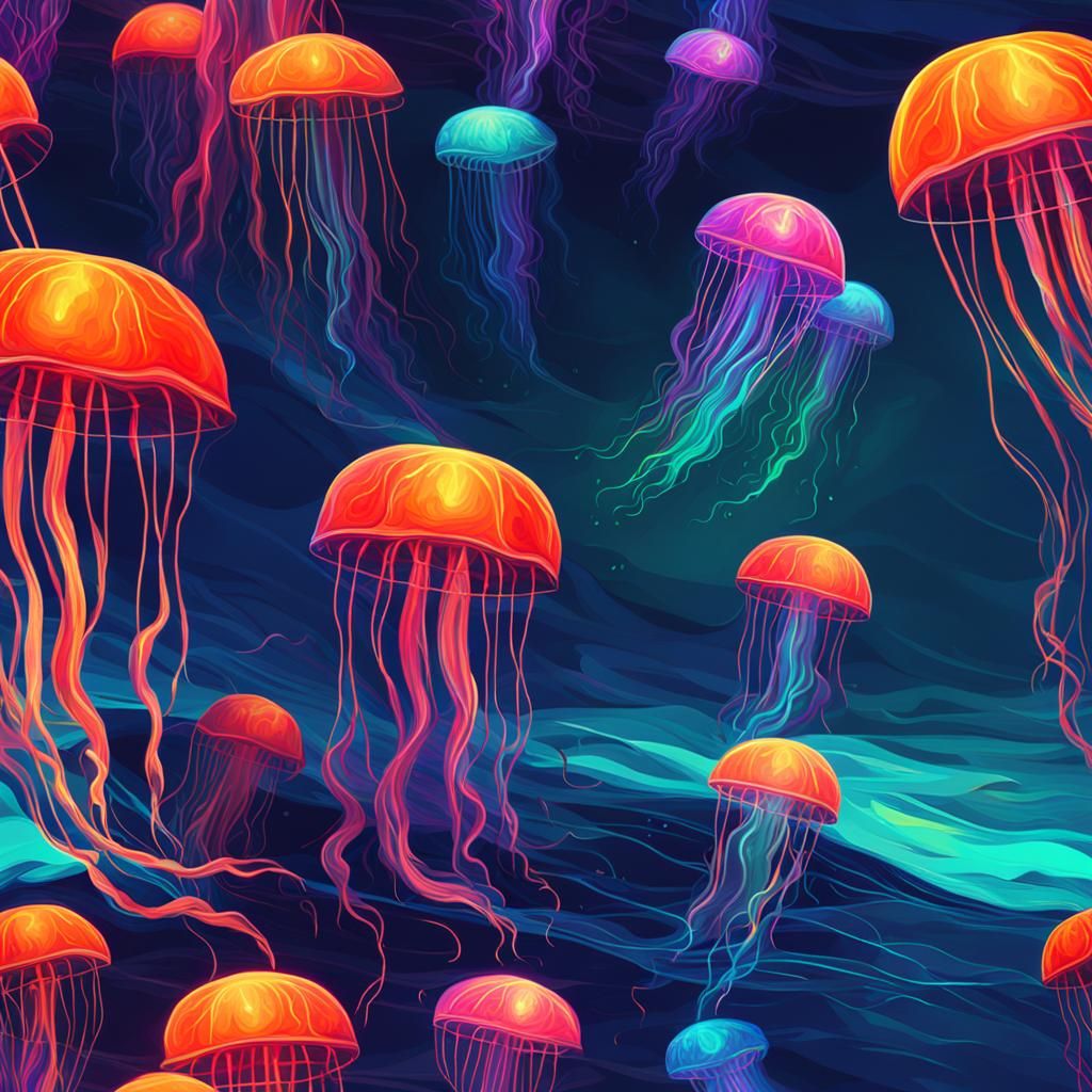 Jellyfish in Ocean: Neo-Primitivism Action Painting