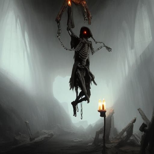 Eerie Cave Scene with Skeleton and Hooded Figure