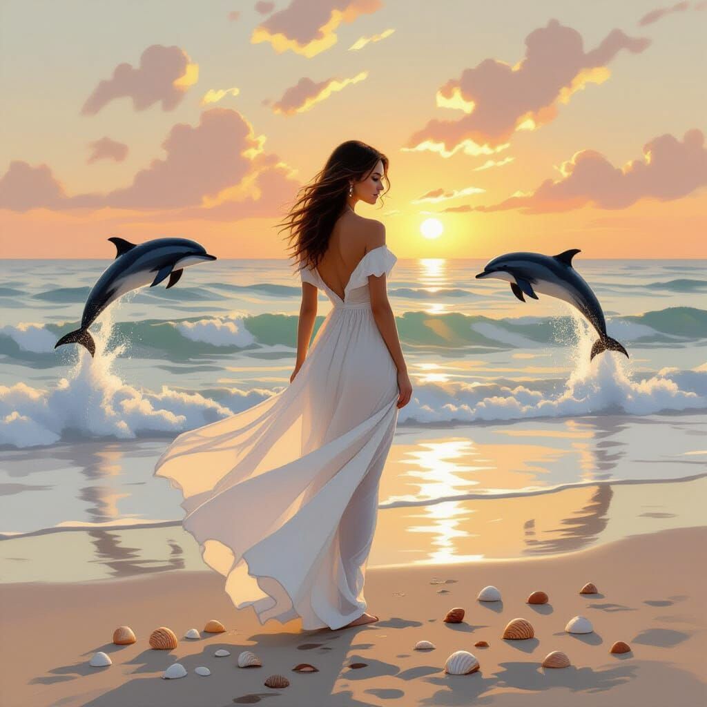 Sunrise Beach Scene with Dolphins and Seashells