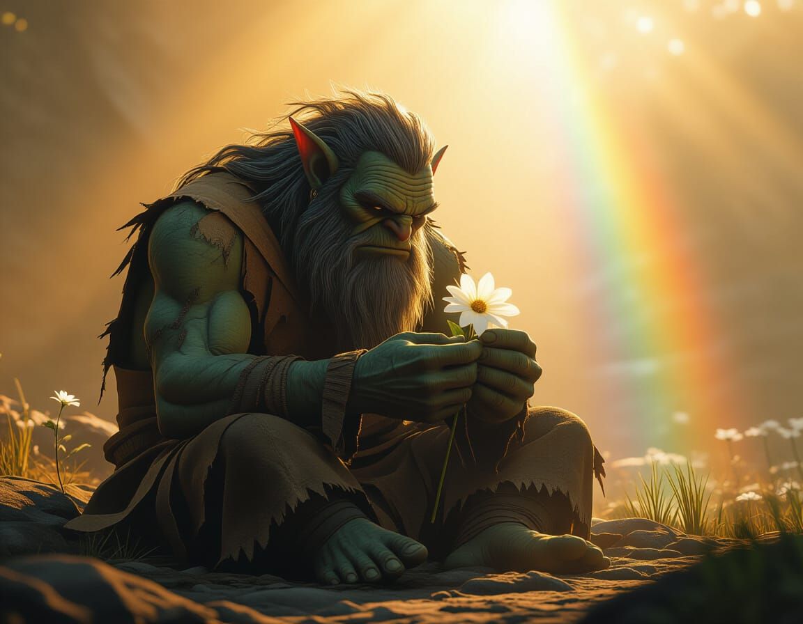 Sorrowful Troll Mourning with Flower, in High-Fantasy Style