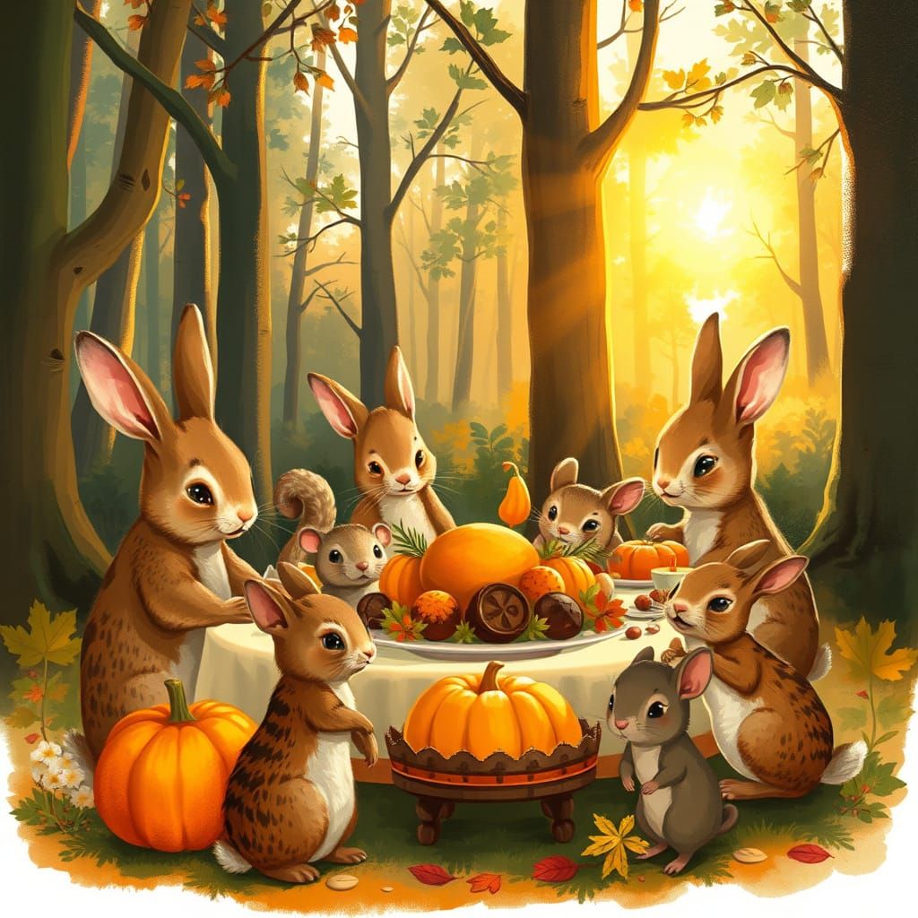 Woodland Creatures Thanksgiving Feast in Beatrix Potter Styl...