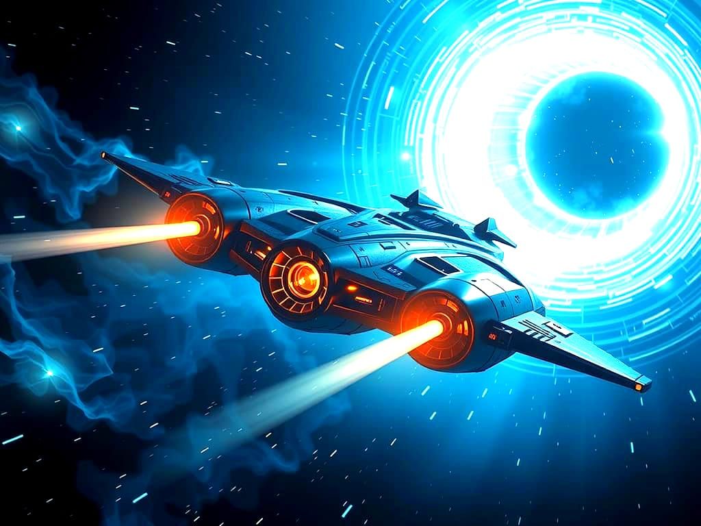 Sleek Starship Explores Cosmic Vortex in Cyberpunk Digital A...