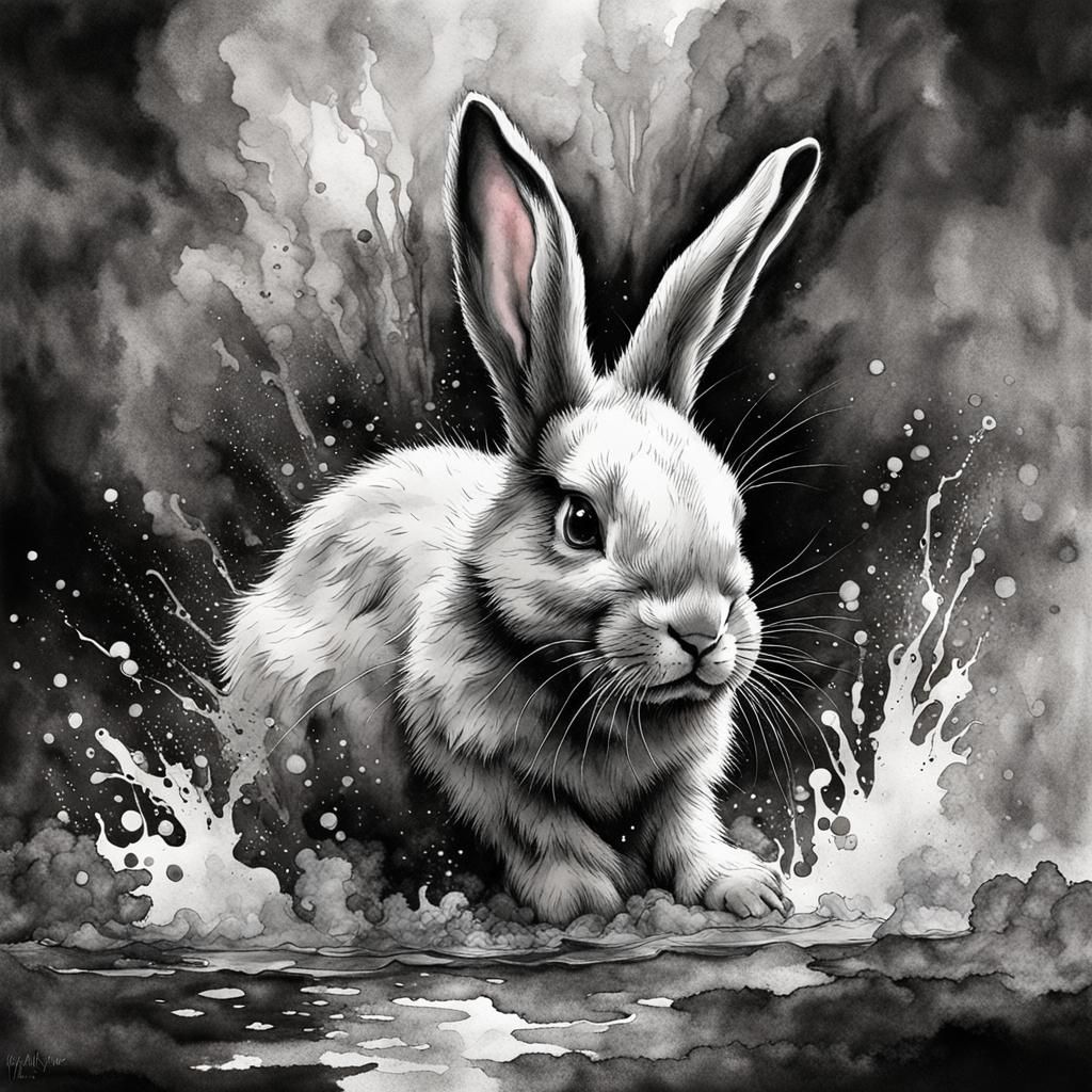 Watercolor Baby Bunny Splash Art in Dystopian Setting